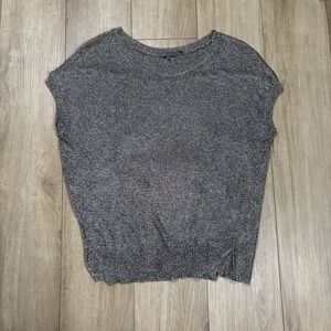 VINCE Womens L Metallic Platinum Top Open Knit Short Dolman Sleeve Chain Mail